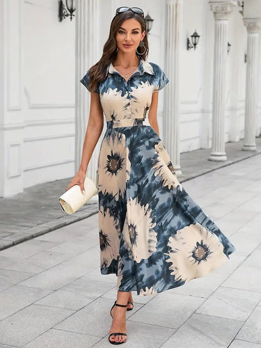 My Western Cotton Fit and Flare Printed Cap Sleeve Coller-Neck Casual Maxi Dress My Western